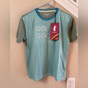 Cotopaxi Do Good Tee,  Kid’s T-Shirt, kids M Unisex, Sea Glass/Silver Leaf, NWT